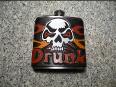LeatherGirl Hand Carved Drunk Skull with Flames Flask.  Dyed Black.  Painted Skull with Red and Orange Flames.  Red Lettering.