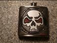 LeatherGirl Hand Carved Skull Flask.  Stained Gray with painted Skull.