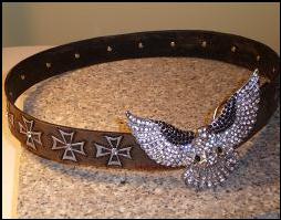 LeatherGirl Hand Carved Leather Belt with Eagle Buckle.  Patern is Silver Painted Iron Crosses with Clear Rhinestone Studded Centres