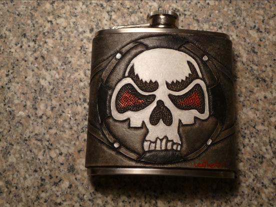 LeatherGirl Hand Carved Skull Flask.  Stained Gray with painted Skull.