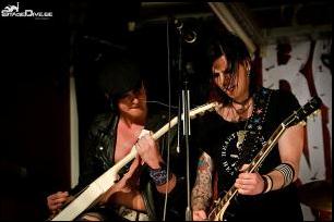 LeatherGirl hand carved guitar strap worn by Staven on stage with Max.  RocknRoll Allstars - Sweden