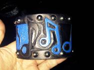 LeatherGirl hand cut and carved music note studded bracelet.  Black and Blue.  Gift for Kirk October from Crue Fest.