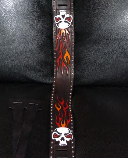 LeatherGirl Black Skull w Flames Studded Guitar Strap