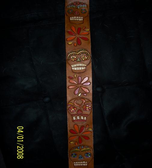 LeatherGirl Brown Mardis Gras Guitar Strap w Painted Skulls